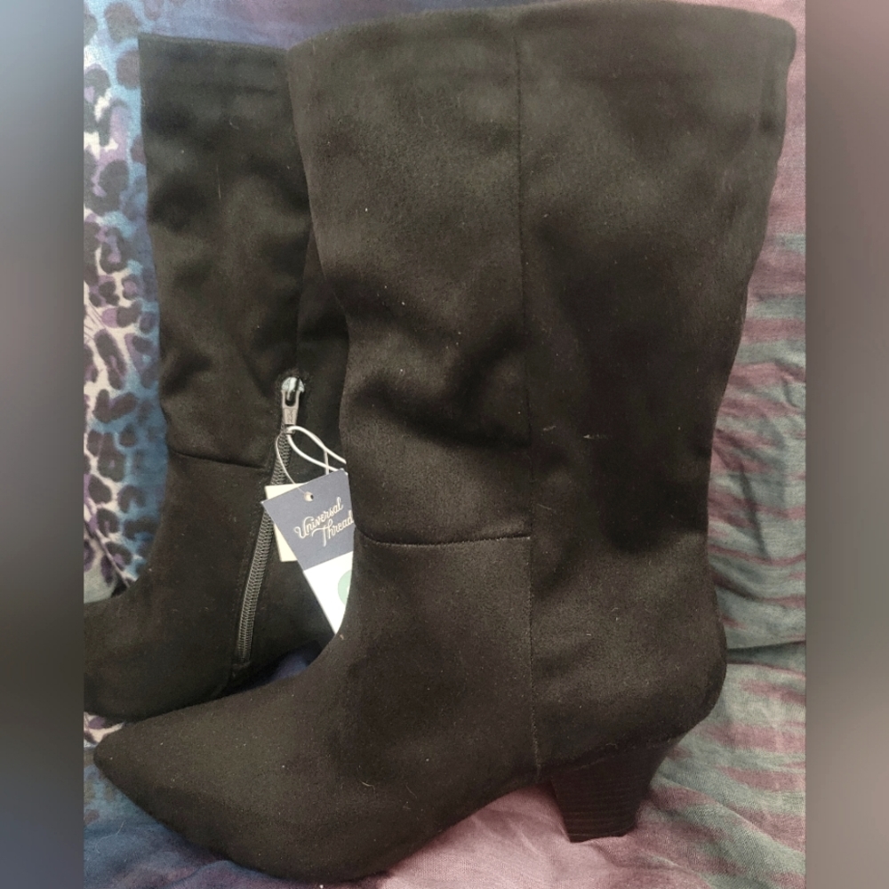 Black Mid Calf Faux Suede Boots With Small Heel Size 9.5 New